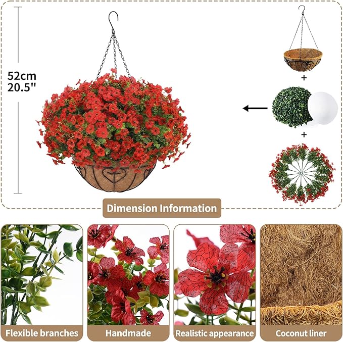 Artificial Hanging Flower for Outdoors, Fake Hanging Basket for Outside,1 Hanging Basket with 13 Pcs Faux Silk Flowers for Porch, Balcony and Patio Decor(Red)