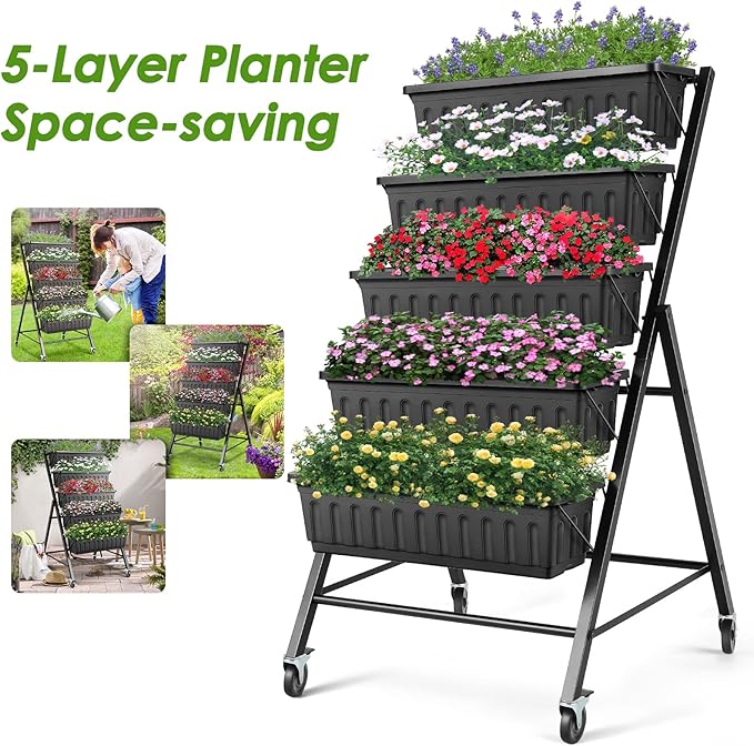 Suyncll Vertical Raised Garden Bed Planter Box, 5 Tiers Vertical Garden Planter with Drainage System and 4 Hooks for Plants Vegetables Flowers (Black with Wheels)