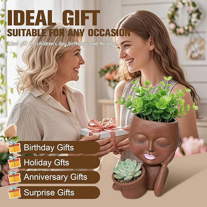 Face Double Plant Pot - Cute Succulent Head Planters Indoor Outdoor Decor, Resin Flower Pots with Drainage Hole, Unique Ideal Present, Gifts for Women/Mother