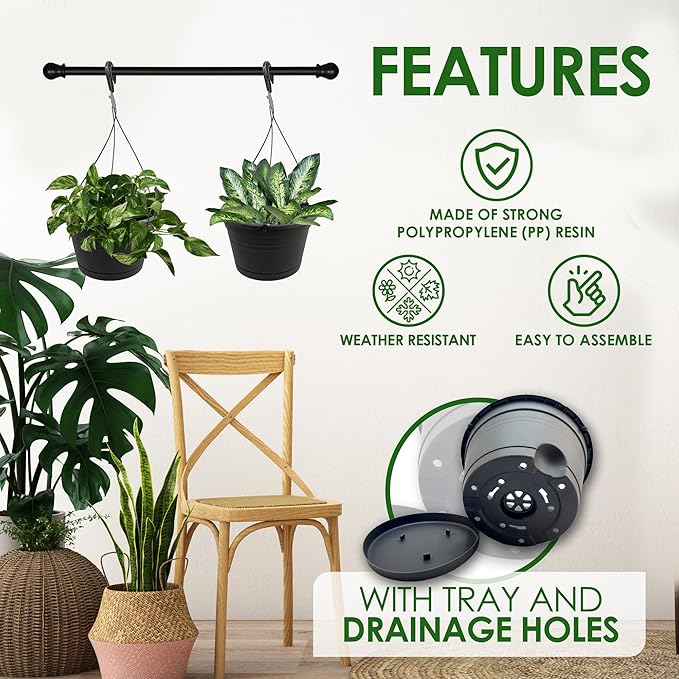 10in Euro Hanging Planters for Indoor Plants 2 Pieces 10inch Hanging Planter with (2) 40cm Hooks, Self Watering Indoor Outdoor Hanging Pots with Drainage Holes and Removable Drip Tray