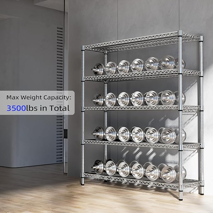 3500LBS 59" W 5 Tier Storage Shelves Rack Metal Wire Shelving Unit, Storage Standing Shelf Organizer for Laundry Bathroom Kitchen Pantry Closet Garage, Chrome 17.7" D x 59.1" W x 70.4" H