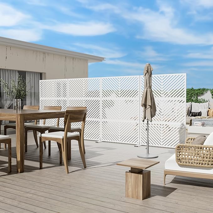 Casaphoria Metal Privacy Screen Outdoor, 72" H x 47" W Freestanding Decorative Privacy Screen for Patio Deck Balcony Garden with Stable Base, White-Parallel