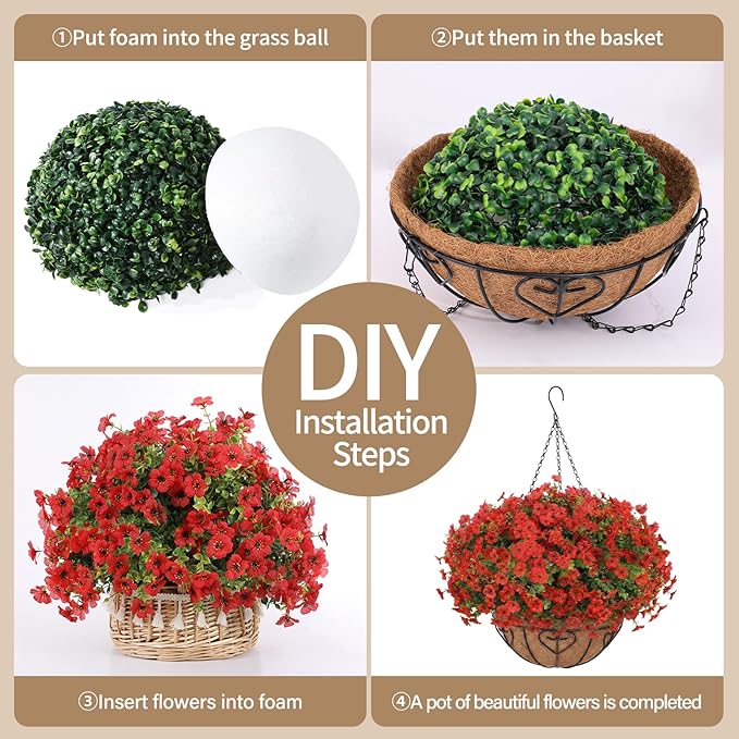 Artificial Hanging Flower for Outdoors, Fake Hanging Basket for Outside,1 Hanging Basket with 13 Pcs Faux Silk Flowers for Porch, Balcony and Patio Decor(Red)
