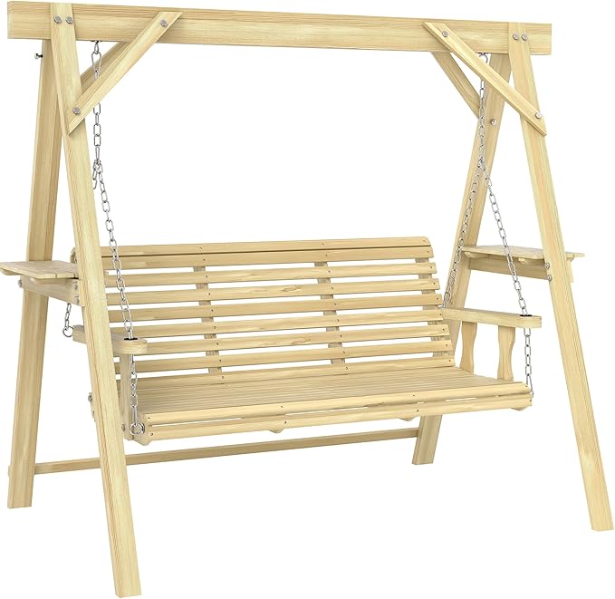 Outsunny 3 Seat Porch Swing with Stand, Wooden Patio Swing Chair with Side Tables and Metal Chains, Outdoor Swing Bench for Garden, Poolside, Backyard, Natural Wood
