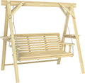 Outsunny 3 Seat Porch Swing with Stand, Wooden Patio Swing Chair with Side Tables and Metal Chains, Outdoor Swing Bench for Garden, Poolside, Backyard, Natural Wood