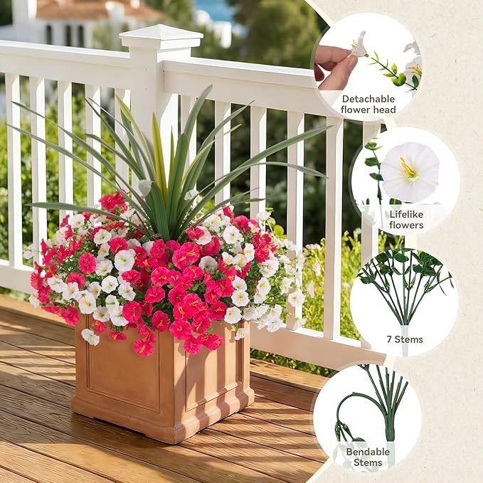Artificial Flowers for Outdoors Fake Plants Outside, 12 Bundles Silk Morning Glory with Eucalyptus + Orchid Leaf UV Resistant Realistic Faux Flowers for Porch Planter Garden Patio (White Hot Pink)
