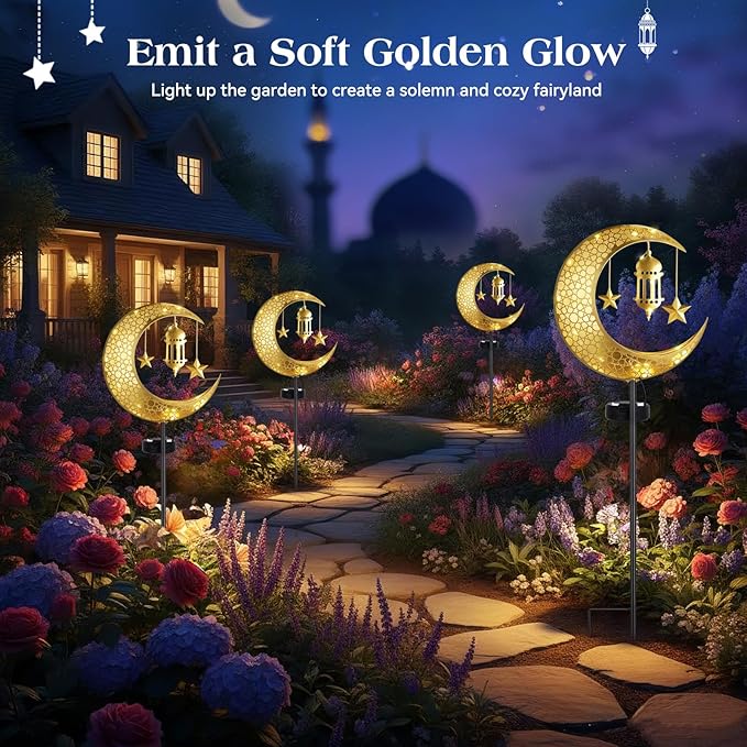 Lewondr 2Pcs Ramadan Solar Lights, Ramadan Decorations Outdoor, Metal Yard Signs LED Eid Decorations Mubarak Star Moon Lantern, Waterproof Solar Garden Stakes Lights for Walkway Lawn Patio
