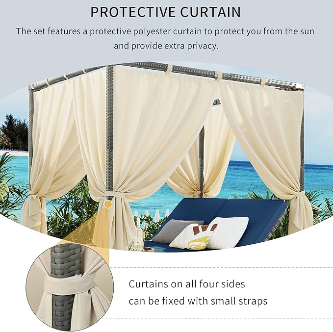 Patio Chaise Lounge, Gray PE Rattan Outdoor Patio Wicker Sunbed Daybed with Adjustable Seats, Four-sided Canopy, Overhead Curtain and Blue Cushions for Backyard, Garden, Poolside (for 2-6 people)