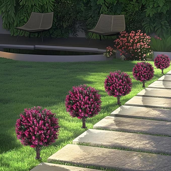 Artificial Topiary Tree with Pink Eucalyptus, Set of 2 Artificial Shrub Bushes with Ground Spike, Fake Evergreen Tree for Porch, Artificial Plants for Outdoor Planters Indoor UV Resist