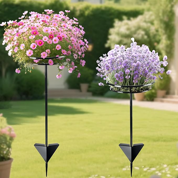 Tellingyou 2 Pack Adjustable Outdoor Flower Pot Stand, Metal Outdoor Plant Stands, Spring Summer Versatile Plant Stand Garden Stake for Display Plants, Elegant Solution for Landscaping Decor (Black)