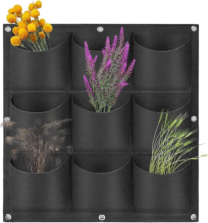 Hanging Planting Grow Bags, 9 Pockets Hanging Vertical Wall Planter Wall Mounted Grow Bag Outdoor Indoor Gardening Vertical Greening Flower Container, Planting Bags Storage Bags(0.5 m × 0.5 m, Black)