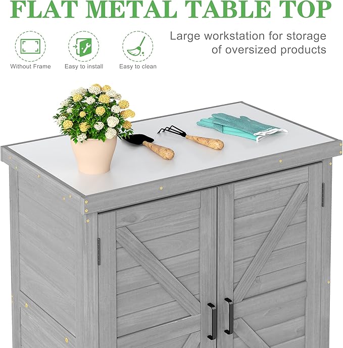 Outdoor Potting Bench with Storage Cabinet and Metal Top, Wood Workstation for Outdoor Patio, Garden (Classic Grey, 31x17x36‘’)