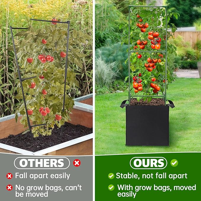 ANPHSIN 3 Sets Tomato Cages with 10 Gallon Grow Bags - 47'' Stable Plant Support Trellis Kit, Square Cages with Planter Pots for Garden Flowers Vegetables Cucumber Vertical Climbing Plants Vines
