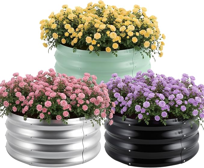 3 Pcs 2x2x1ft Round Galvanized Raised Garden Bed Planter Boxes Outdoor with Easy Assembly, Metal Raised Beds for Vegetables, Fruits, Flowers (Galvanized, Black, Green)