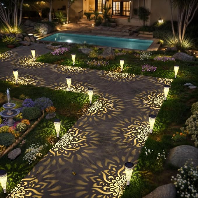 6 Pack Solar Lights Outdoor Garden Decorative Mandala Solar Garden Lights with Warm Light Waterproof Solar Pathway Landscape Light for Path Patio Backyard Walkway Yard Decor (White)
