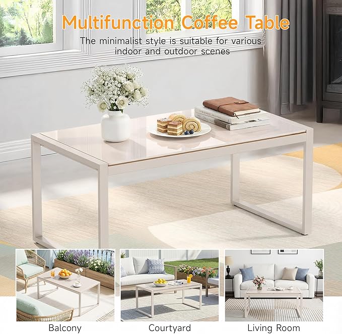 ONBRILL Rectangle Coffee Table with Tempered Glass Desktop, Galvanized Frame Outdoor Coffee Table with Adjustable Feet for Patio, Balcony, Deck, Living Room, Sand