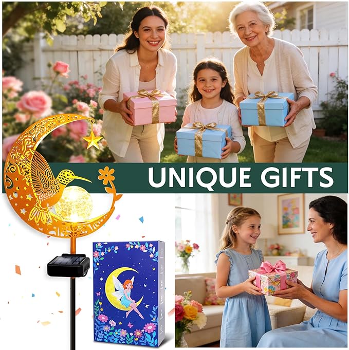 ZNYCYE Solar Lights Outdoor Decorative Moon Hummingbird Solar Stake Lights Birthday Gifts for Women mom Grandma,Hummingbird Garden Decor Waterproof for Walkway, Yard, Lawn, Patio (Warm White)