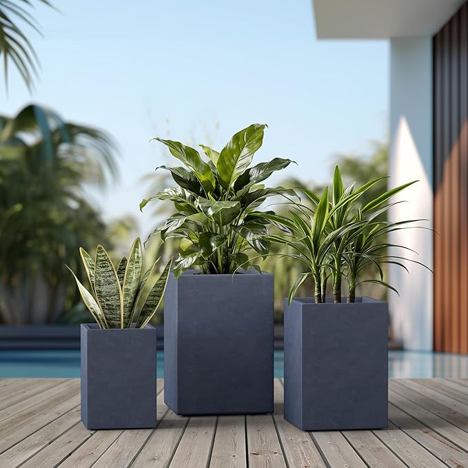 Kante 18.5",15.7",12.6" H Tall Rectangular Concrete Planters Set of 3, Outdoor Indoor Lightweight Plant Pots with Drainage Hole and Rubber Plug, Modern Style for Home Garden Patio, Charcoal