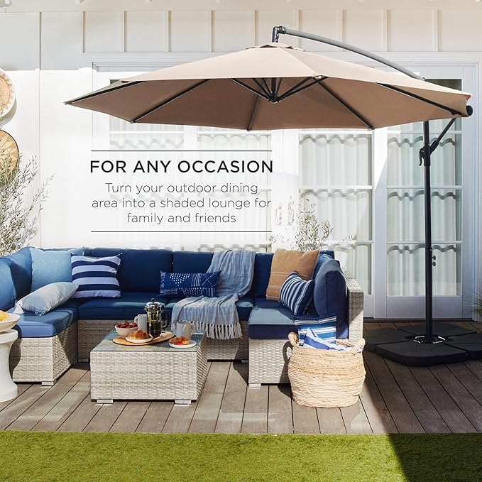 Best Choice Products 10ft Offset Hanging Market Patio Umbrella w/Easy Tilt Adjustment, Polyester Shade, 8 Ribs for Backyard, Poolside, Lawn and Garden - Tan