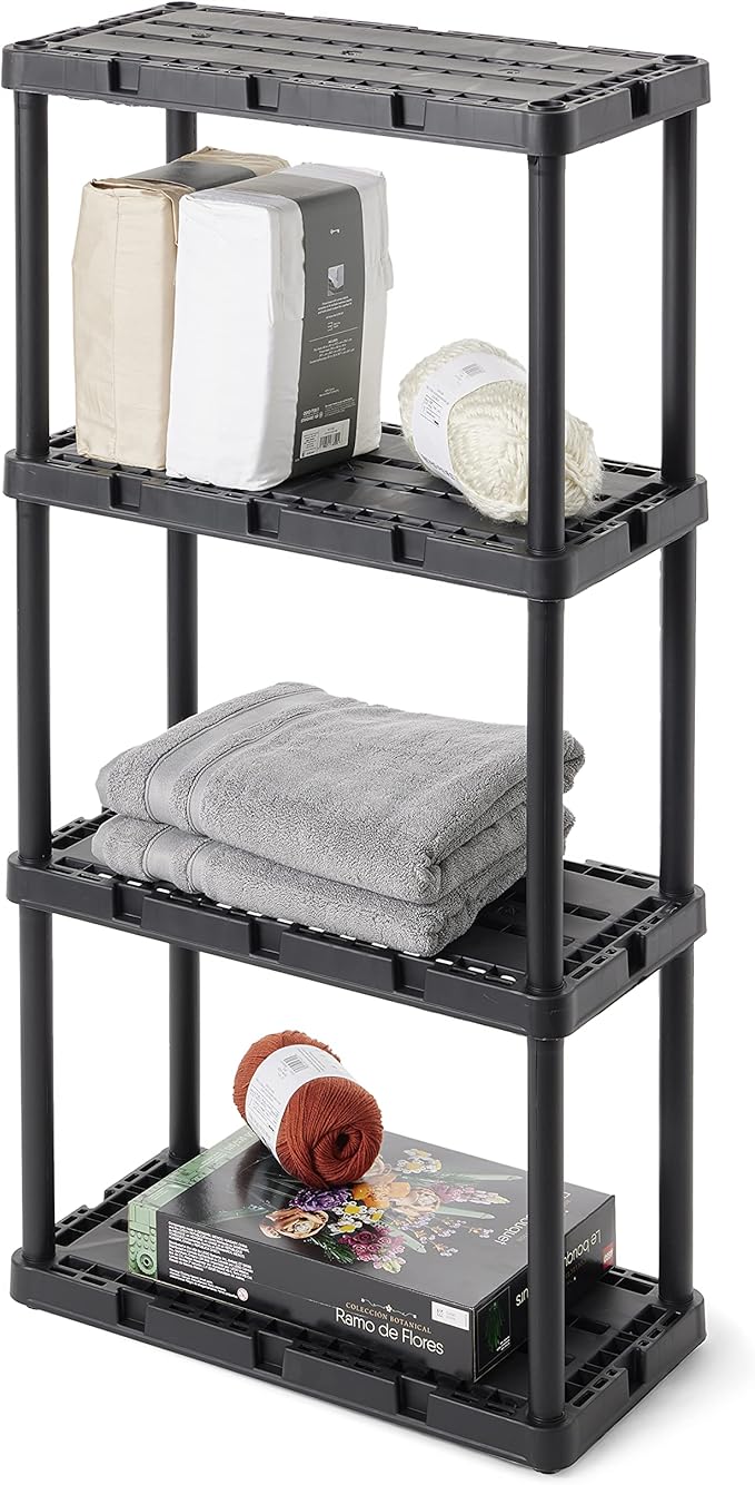 Gracious Living 4 Pack Light Duty Storage Shelves, Knect-A-Shelf 4-Shelf Ventilated Shelving Rack Organizer for Home, Garage, Basement & Laundry, Black