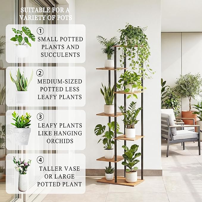 Plant Stand Indoor 7 Tier 8 Potted Metal Wood Plant Shelf, Multiple Flower Pots Corner Tall Plant Holder Stands for Living Room Balcony Bedroom, Rustic Brown