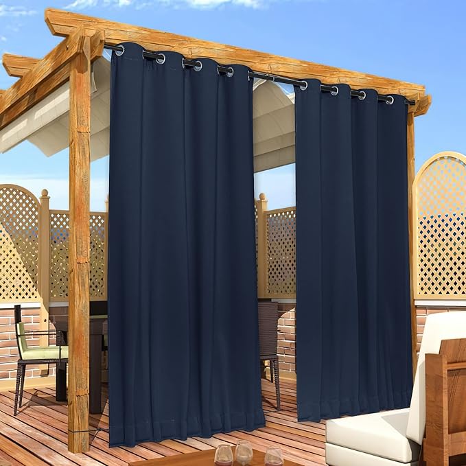 NICETOWN 2 Panels Outdoor Curtains Waterproof for Patio, Thermal Insulated Top & Bottom Grommet & Back Tab Light Blocking Outdoor Drapes, Windproof with Bouns Rope, W52 x L120, Navy Blue