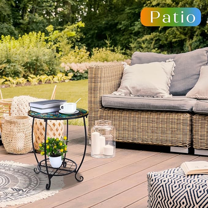 Outdoor Side Table Round Small Mosaic Patio Accent Indoor End Plant Coffee Tea Table for Yard Patio Porch Garden Living Room, Bedroom(Butterfly Style,16 Inch)