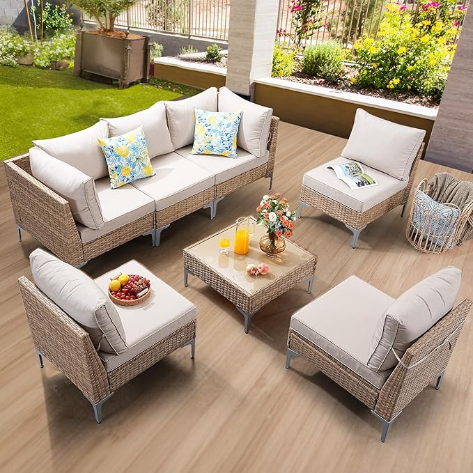 7-Piece Patio Furniture Set, Outdoor Wicker Sectional Sofa with Coffee Table, Anti-Slip & Thick All-Weather Cushions for Party,Garden,Backyard, Beige