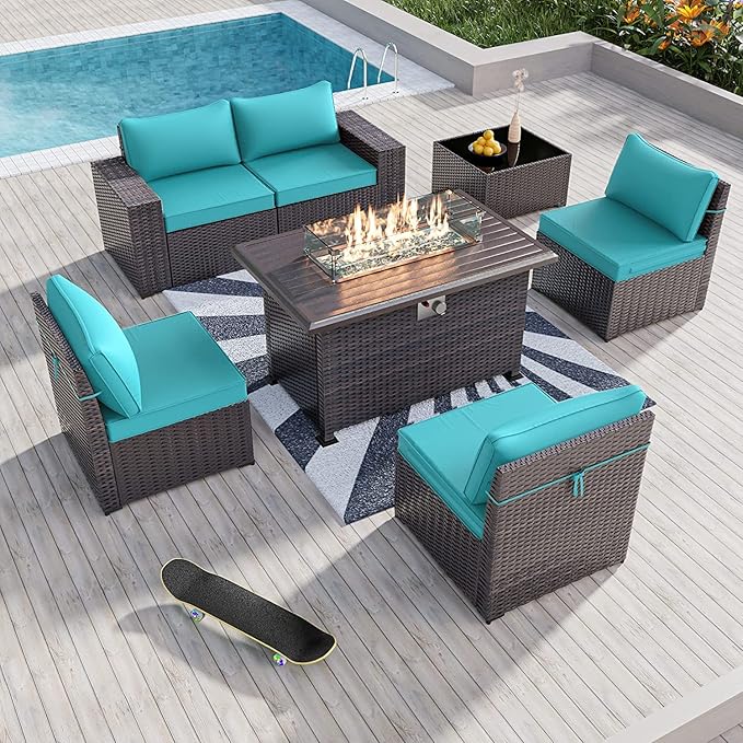 Kullavik 7 Pieces Outdoor Patio Furniture Set with 43" 55000BTU Gas Propane Fire Pit Table PE Wicker Rattan Sectional Sofa Patio Conversation Sets,Blue