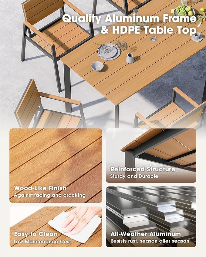 Outdoor Patio Dining Table, Aluminum & HDPS Outdoor Table with Umbrella Hole, All-Weather for Deck, Garden, Lawn, Backyard, Poolside (Gray & Teak)