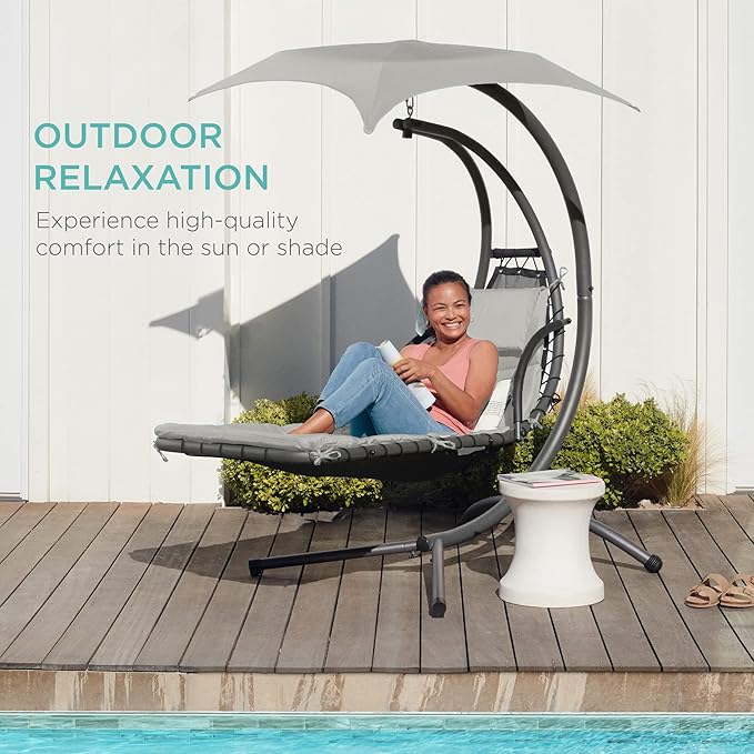 Best Choice Products Outdoor Hanging Curved Steel Chaise Lounge Chair Swing w/Built-in Pillow and Removable Canopy - White Sand