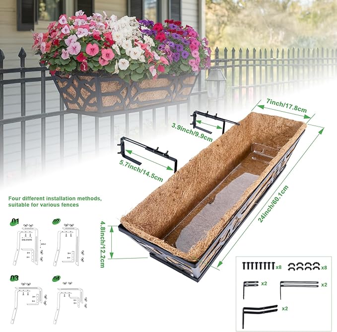 hehimhis 24 Inch 2 Pack Railing Planter Box with Adjustable Bracket,Window Planter Boxes Outdoor for Porch,Balcony Planters Railing Hanging,Fence,Patio Hanging Planters for Garden