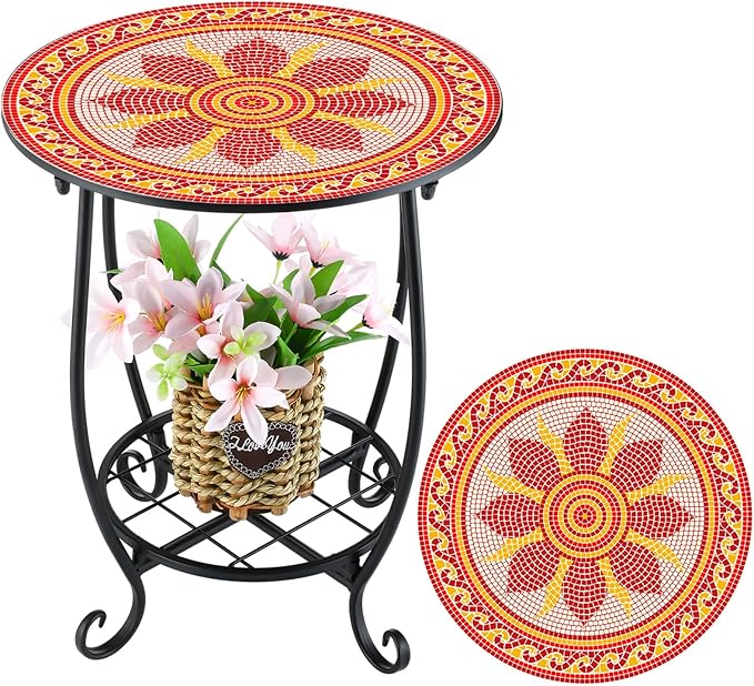 Outdoor Side Table Round Small Mosaic Patio Accent Indoor End Plant Coffee Tea Table for Yard Patio Porch Garden Living Room, Bedroom(Mandala B Style,14 Inch)