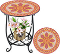 Outdoor Side Table Round Small Mosaic Patio Accent Indoor End Plant Coffee Tea Table for Yard Patio Porch Garden Living Room, Bedroom(Mandala B Style,14 Inch)