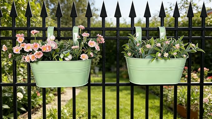 Balcony Hanging Planters Flower Pots, 10" Metal Flower Pots for Outdoor Balcony Rails, Fence Pot Hanging Plant Holders with Detachable Hooks for Garden Patio Yard Decor (Mint Green, 2Pcs)