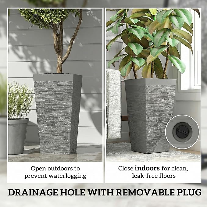 Outsunny 22.8 Inch Tall Planters for Outdoor Plants, Set of 3 Plastic Flower Pots with Stone Finish and Wheels, Stackable Tapered Planters with Drainage Hole for Indoor Plants, Front Porch, Gray