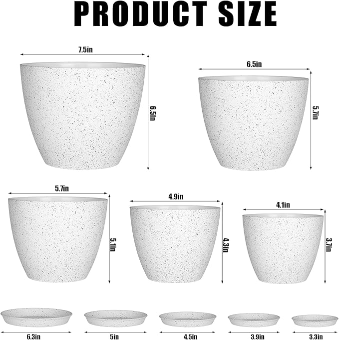 5 Pcs Plant pots, 7.5/6.5/5.7/4.9/4.1 inch Pots for Plants, Flower Pot Indoor Modern Decorative Plant Pot, Plant Pots Indoor with Drainage and Saucer for All House Plants, Spray Spots