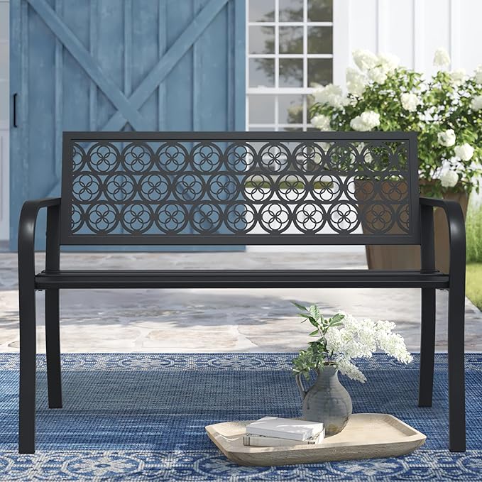 50" Outdoor Bench, Metal Weatherproof Garden Bench Cast Iron Heavy-Duty Patio Bench with Decorative Backrest for Proch Park 880lb Capacity