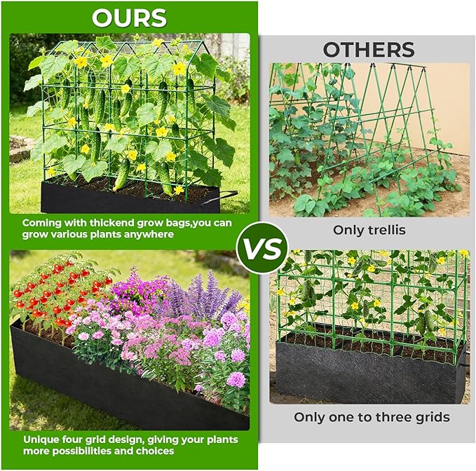 Large Cucumber Trellis for Climbing Plants Outdoor with Grow Bag,67" Tall Metal U-Frame Plant Trellis for Raised Bed with Garden Netting and Plant Clip Plant Ties for Vegetables Tomatoes Squash Pea