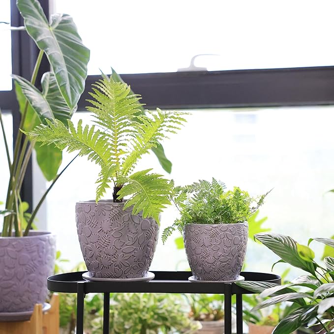 8 Inch + 6 Inch Retro Ceramic Planter Set of 2 with Drainage Hole and Saucer for Multiple Plants, Indoor-Outdoor Garden Pots for Succulent, Orchid, and Flower (Retro Purple)