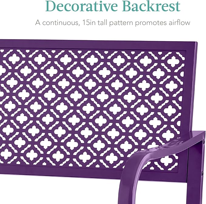 Best Choice Products Outdoor Bench 2-Person Metal Steel Benches Furniture for Garden, Patio, Porch, Entryway w/Geometric Backrest, 790lb Capacity - Dark Purple