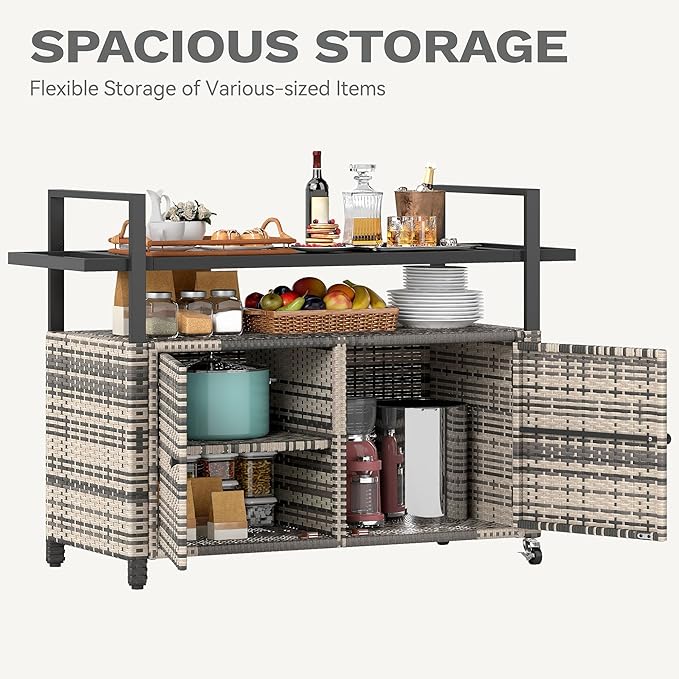 DWVO XXL Patio Storage Cabinet,Outdoor Bar Cart with Glass Top,Outdoor Storage Cabinet with Wheels for Patio, Poolside and Backyard, Grey