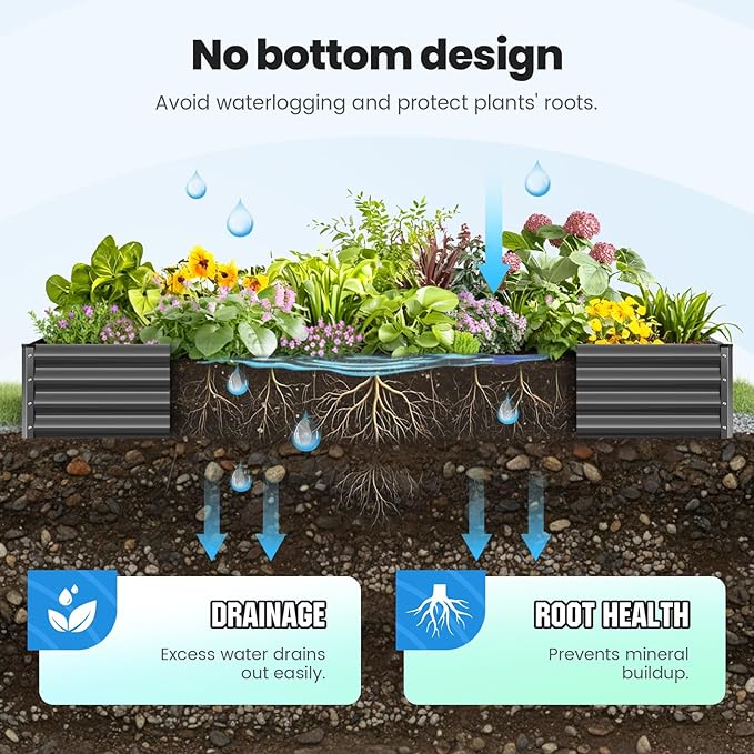 Quictent Galvanized Raised Garden Bed 8x4x1 Ft Metal Planter Box for Vegetables Bottomless for Backyard, 2 Tomato Cages Included, Dark Grey, 2PCS