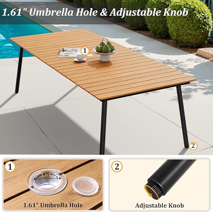 95" Patio Outdoor Dining Table for 8-10, Weather-Resistant Wood-Grain Top with Aluminum Frame & Umbrella Hole for Deck Gatherings, Brown