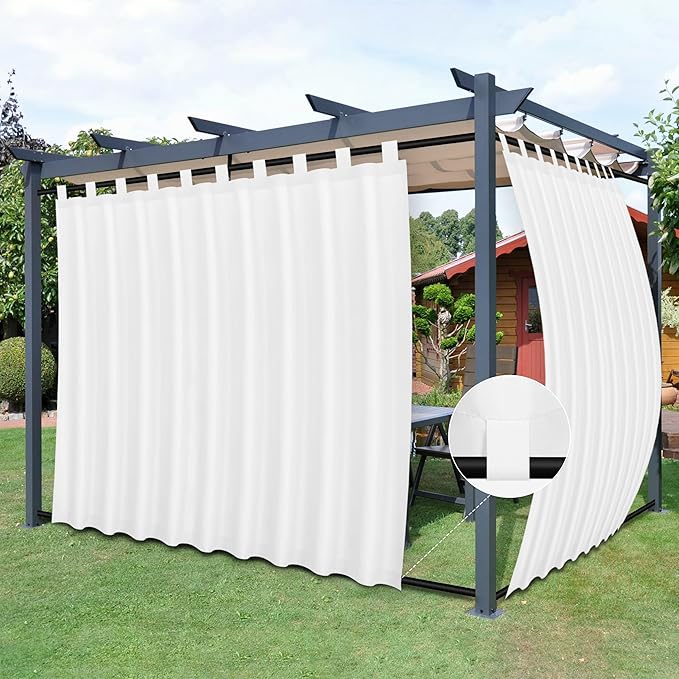 Easy-Going Outdoor Patio Curtains Detachable Tab Top Windproof Weatherproof Curtain for Cabana, Porch, Pergola and Gazebo, Tab Bottom Drape, 2 Panels, 110W x 84L inch, White