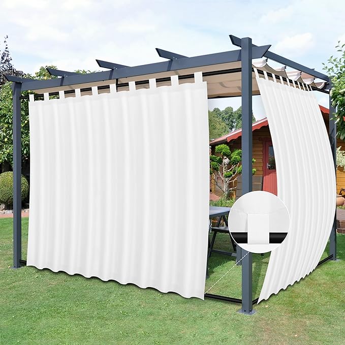 Easy-Going Outdoor Patio Curtains Detachable Tab Top Windproof Weatherproof Curtain for Cabana, Porch, Pergola and Gazebo, Tab Bottom Drape, 2 Panels, 110W x 96L inch, White