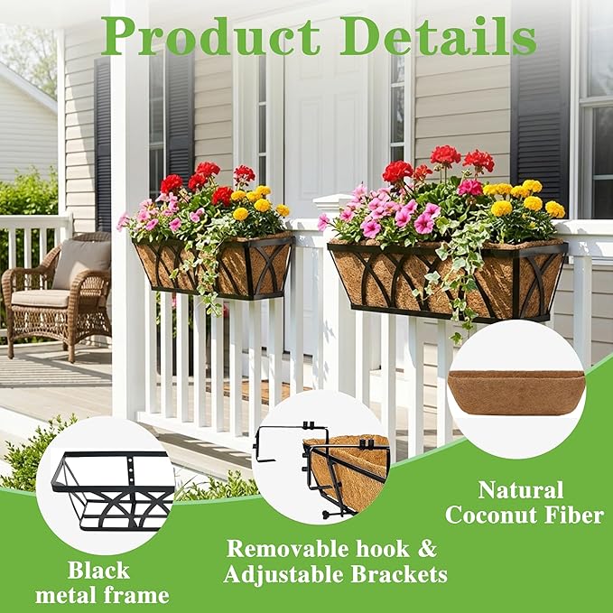 Window Deck Railing Planters Boxes with Coconut Liner, The Bottom Flat Window Boxes Planter Flower Boxes Metal Black Balcony Planters Railing Hanging for Outdoor Fence Porch Patio Lawn(2Pcs 30 Inch)