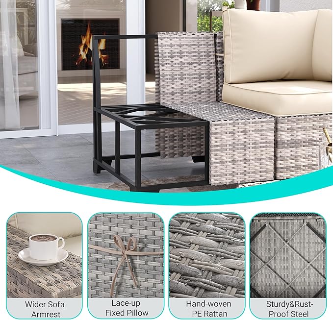 10-Piece Outdoor Patio Furniture Set with Rocking Swivel Chair, PE Wicker Rattan Sectional Sofa Patio Conversation Set with 55,000 BTU Fire Pit Table & Coffee Table, White