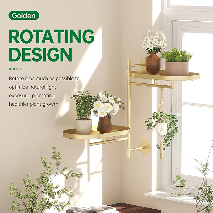 Rotating Window Shelves for Multiple Plants Indoor,2-tier Metal Corner golden Plant Stand Holder Floating Hanger Shelf for Wall，Windows Sill Gifts for Planter Lover to Enhance Home Decor