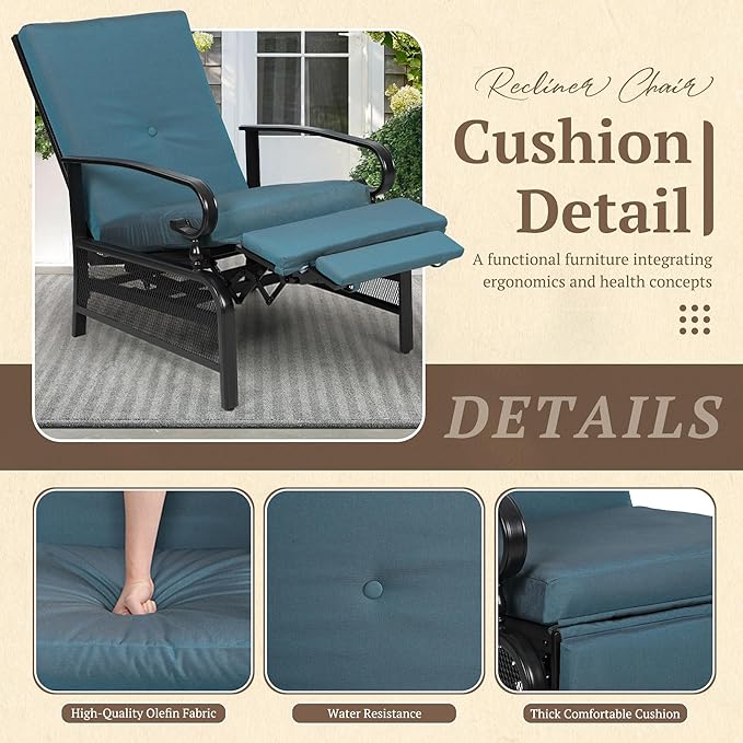 Oakcloud Adjustable Outdoor Lounge Chair Metal Patio Relaxing Recliner Chair with Removable Cushions(Peacock Blue)